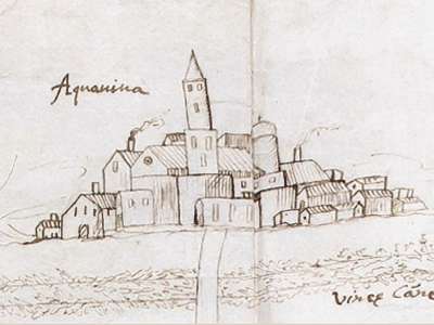 In alto spicca Acquaviva delle Fonti, disegnata in collina con numerose abitazioni a ridosso delle mura e al centro l�alto campanile...